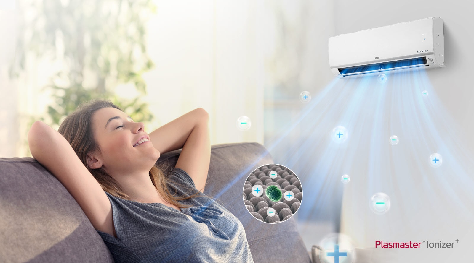 A play/pause button on the bottom indicates this is a video. A woman stretches back smiling on a couch. An LG air conditioner on the wall above her blows out air. Bubbles with plus and minus signs move through the air due to the Plastmaster Ionizer. There is a circle with a magnified view of the plus minus ion bubbles surrounding bacteria and deoderizing it. The Plasmaster Ionizer logo can be seen in the corner of the image.