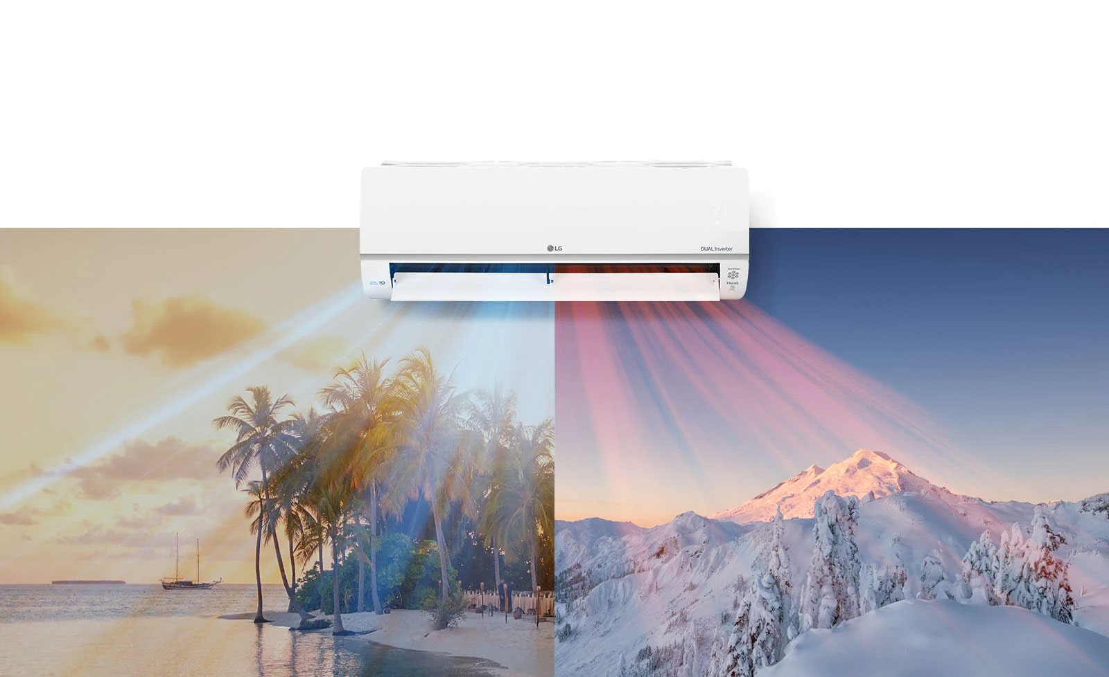 An LG air conditioner is hanging at the top center of the image. Beneath it are two images, one image shows a hot beach scene and the other shows a snowy mountain scene. Air blows out of the air conditioner with cool blue air on the beach scene and warm red air across the snowy scene.