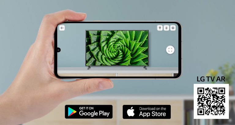 A person using LG TV AR app on a phone and a QR code which links to LG TV AR (http://www.lgtvism.com/lgtvar)
