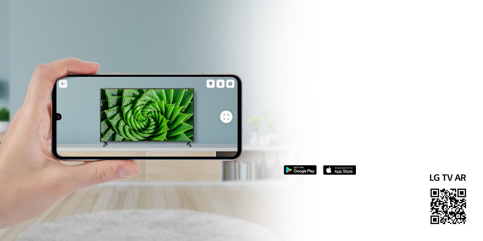 A person using LG TV AR app on a phone and a QR code which links to LG TV AR (http://www.lgtvism.com/lgtvar)