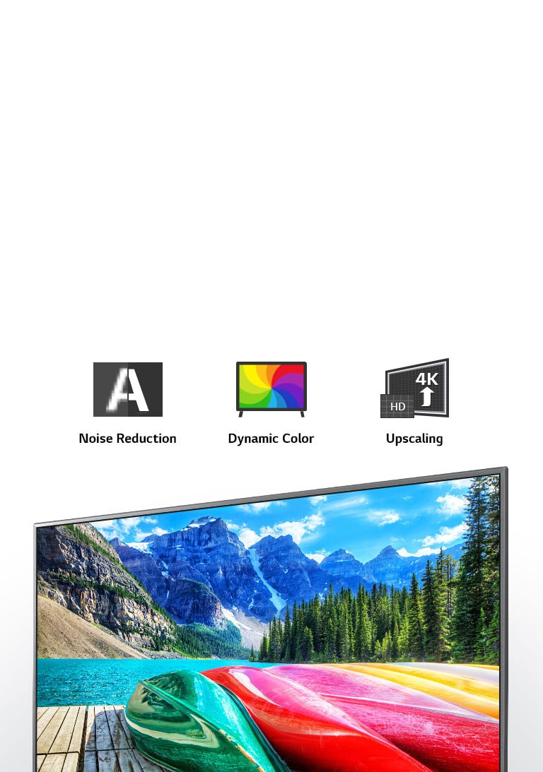 Noise reduction, dynamic color, and upscaling icons and a TV screen showing  a scenic shot of mountains, forest, and a lake.