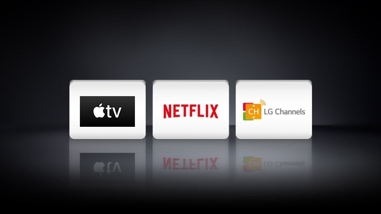 Three app logos shown from left to right: Apple TV, Netflix and LG Channels.