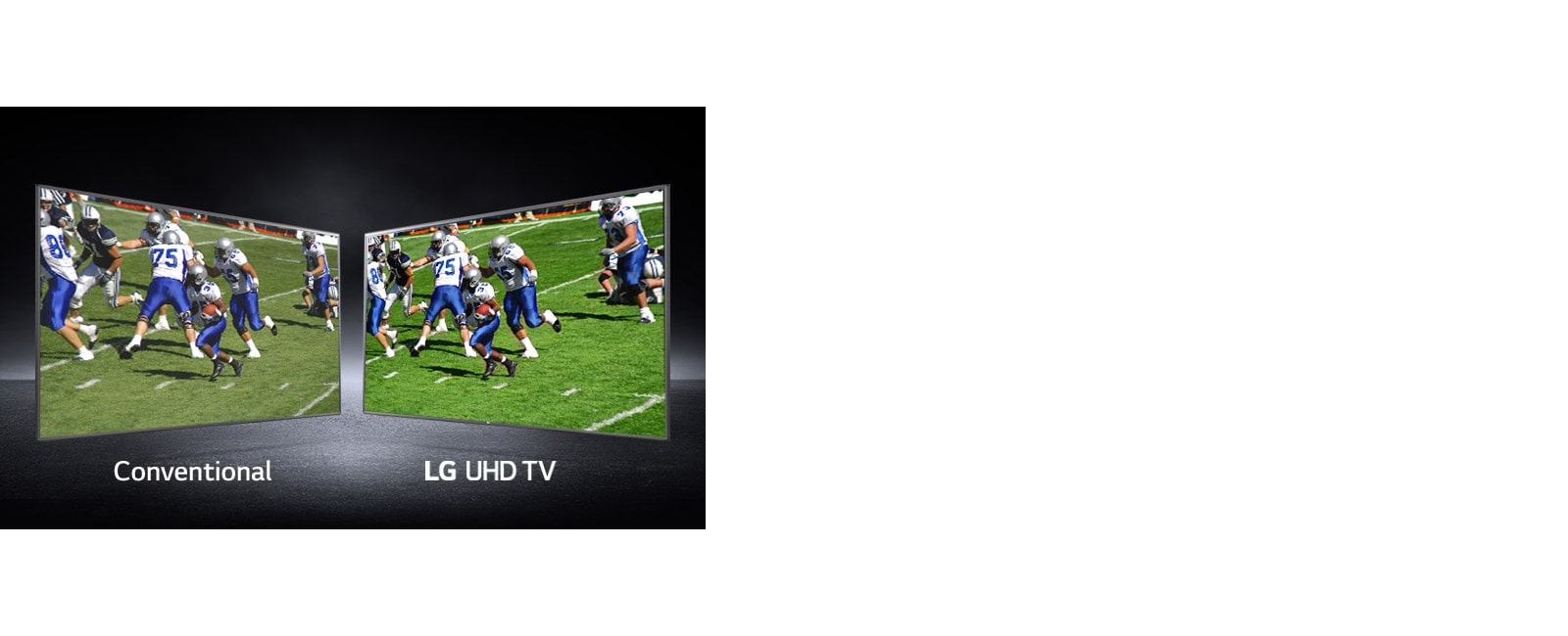 A picture of players playing on a football field shown at views. One shown on a conventional screen and one on an UHD TV.