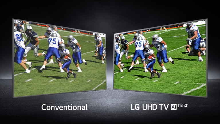 A picture of players playing on a football field shown at views. One shown on a conventional screen and one on an UHD TV.