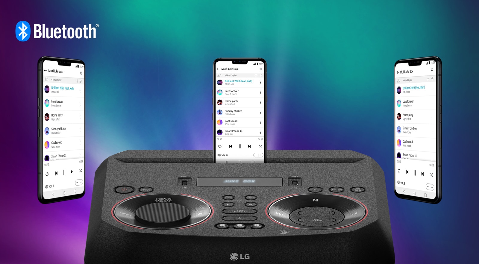 A smartphone is on an LG XBOOM with two other smartphones floating around it. A Bluetooth logo is in the upper left corner.