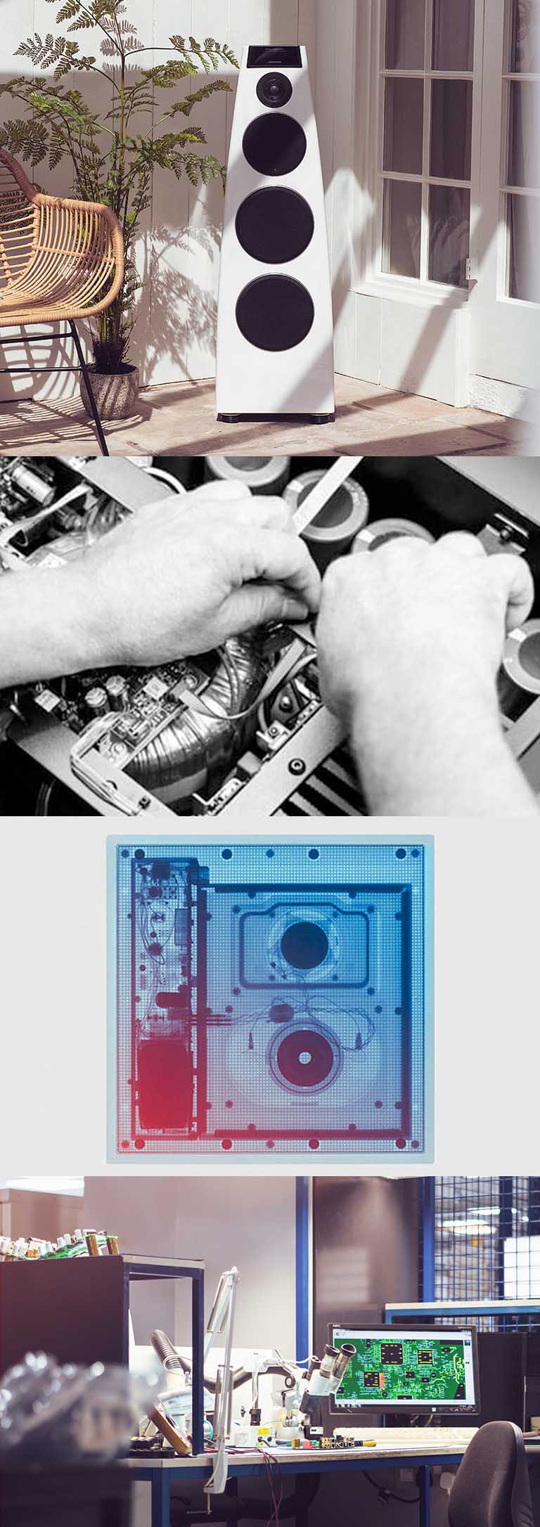 A layout of four images related to the Meridian audio