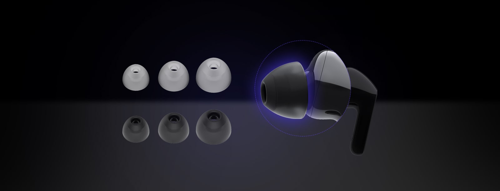 An image of a black earbud and two sets of three different sized ear gels