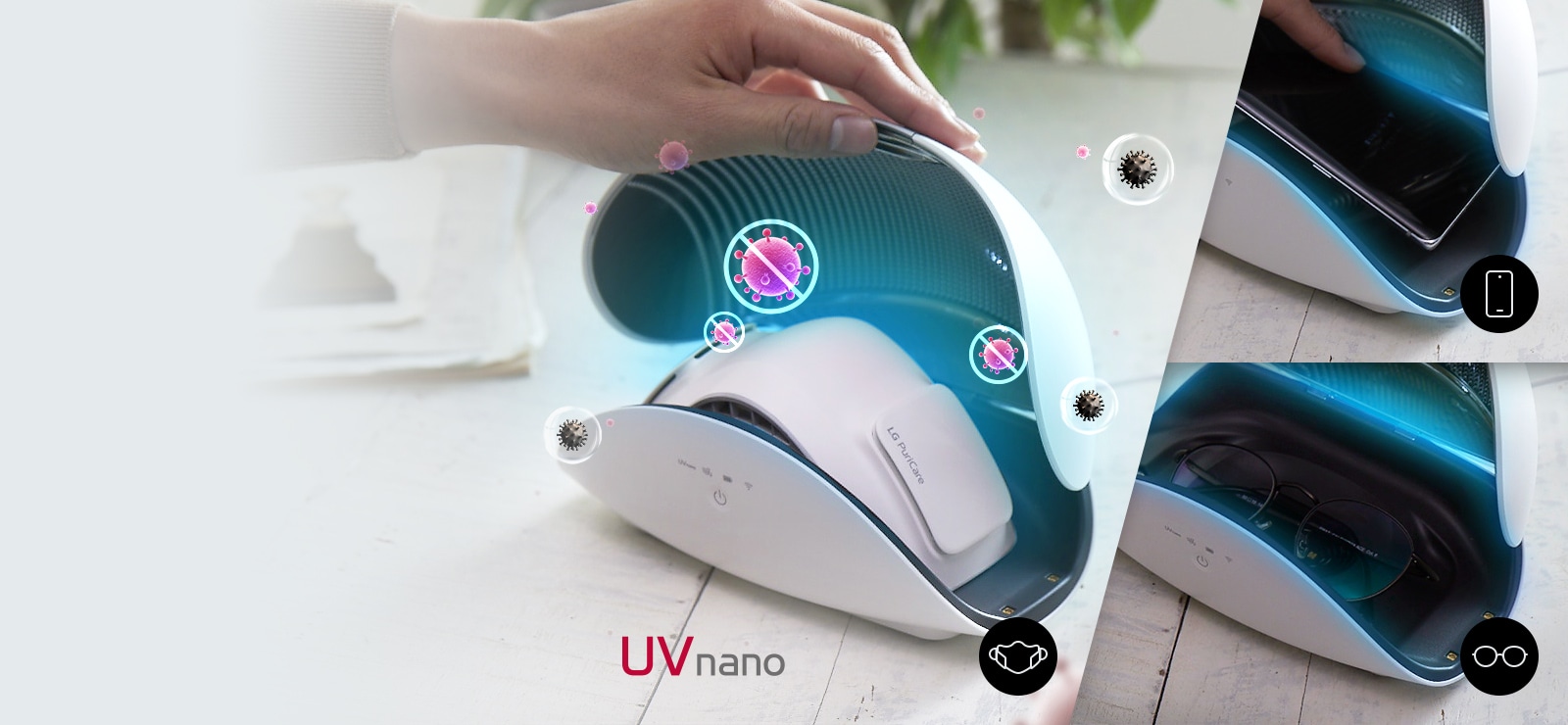 A hand holds open the lid of the purifier case to show the LG PuriCare Wearable Air Purifier sitting inside. Bacteria icons crossed out float nearby indicating there are being Removed. The UV Nano logo is at the center bottom.