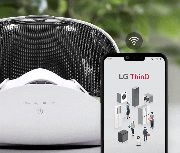 The front of the Purifier case with the lid up and the wearable air purifier is inside is shown in the background with a phone showing the ThinQ app on the screen and a Wifi icon above it are shown in the foreground. 