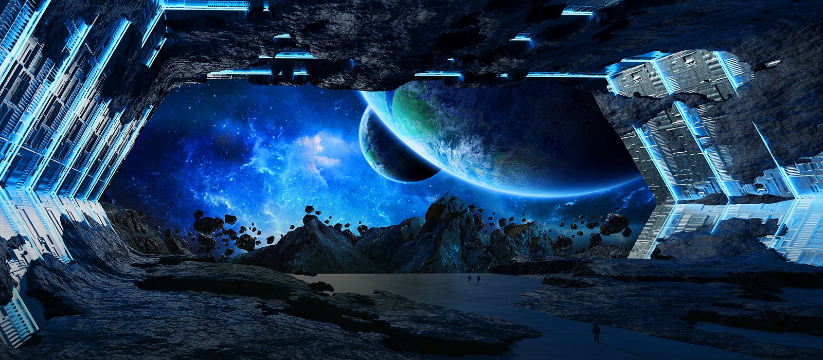 A rocky space scene with a large planet appearing from the top right hand corner of the screen.