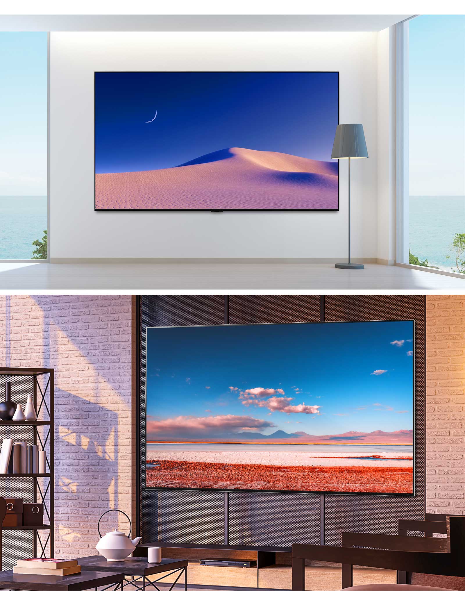 Two images of a large flatscreen TV mounted on a wall in modern interiors. The screens show nature scenes.