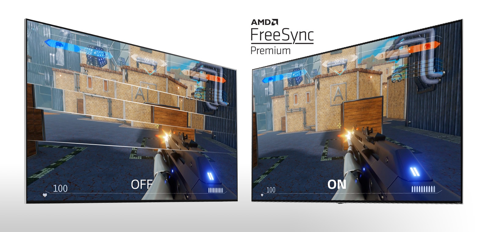 Two TV screens side by side showing a shooting game. The left shows FreeSync off and the right FreeSync on.