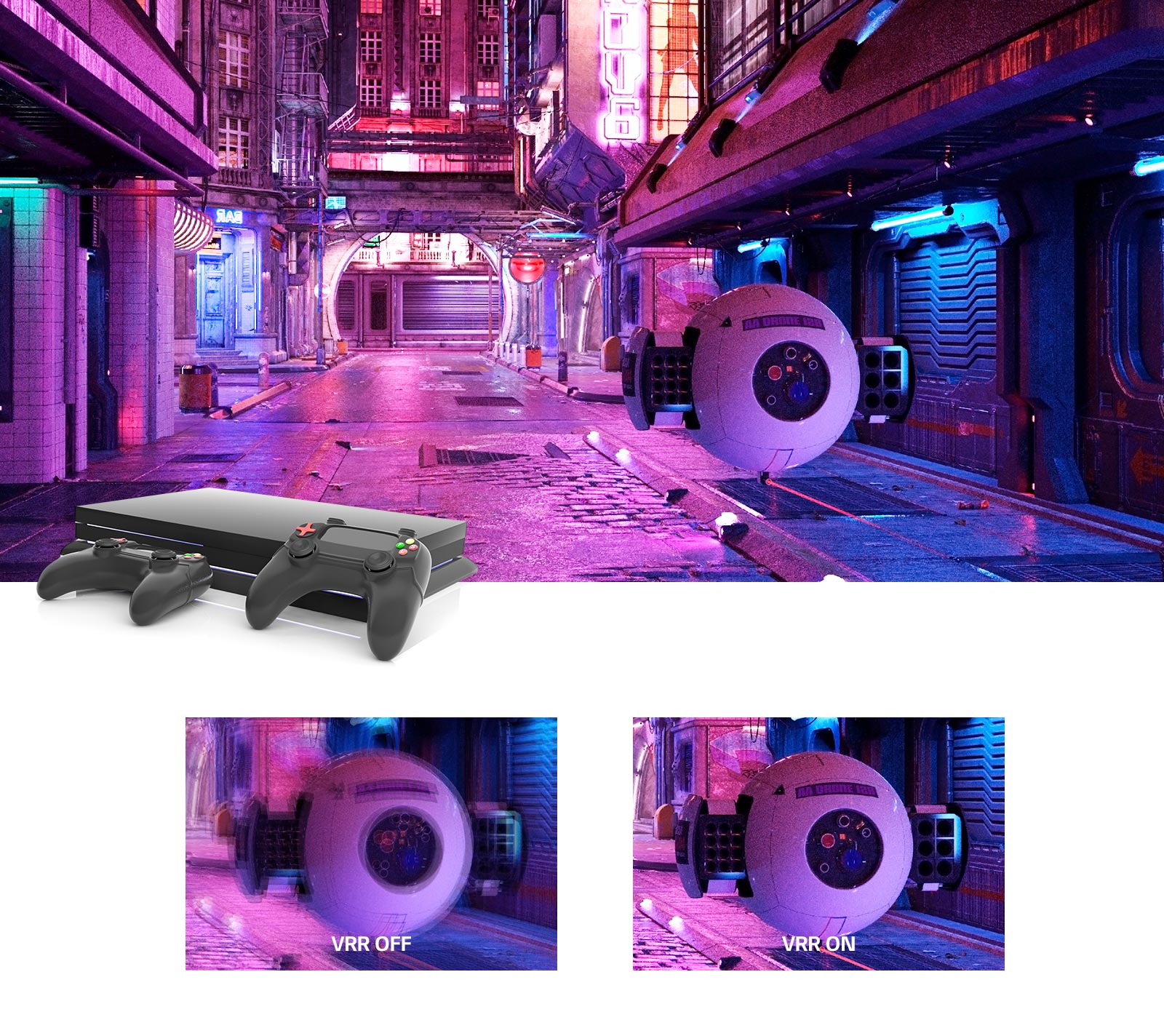 A pink lit street with a futuristic robotic contraption and a gaming console on top of the image. Below two close ups of the robotic contraption, the left blurred showing VRR off and the right sharp showing the image with VRR.