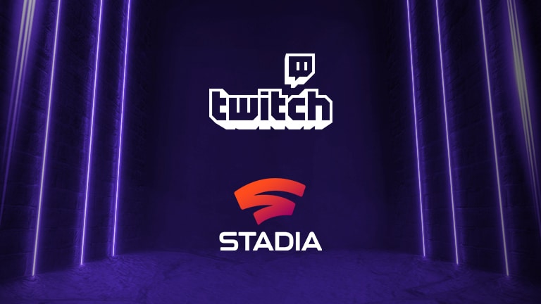 Google Stadia and Twitch icons against a purple background.