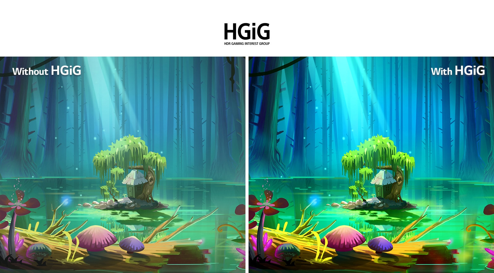 An animated image, a little house and a tree on a small ground which is in the middle of a pond surrounded by tall and bare trees, with the text of 'With HGIG' on the upper right is brighter and better picture quality compared to that without HGiG.