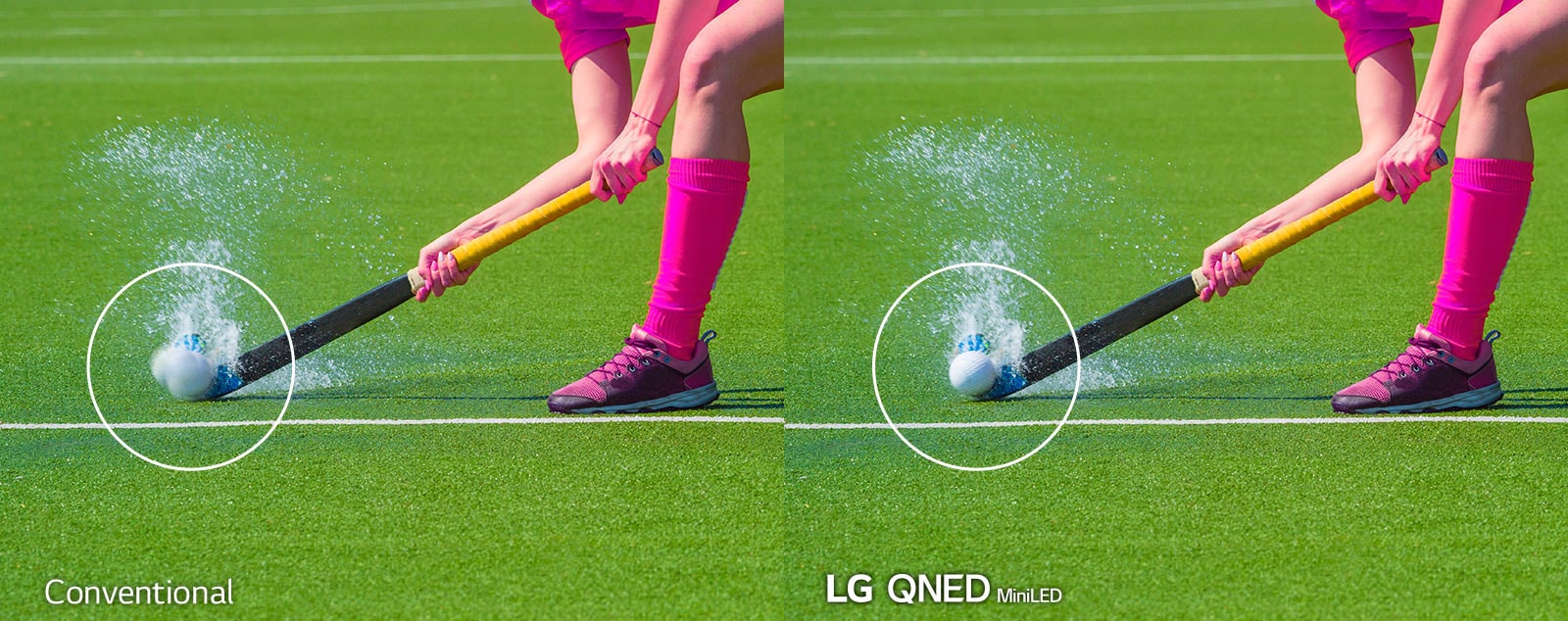 Two identical images of a hocky player hitting the ball on a waterlogged field. The left image shows how it would be seen on a conventional LCD TV and the right shows on LG QNED MiniLED.