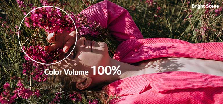 Video showing a young girl holding a hand across her eyes lies in a field of grass and pink flowers. As video plays colors become richer as Color Volume percentage indicator increases from 70% to 100%.