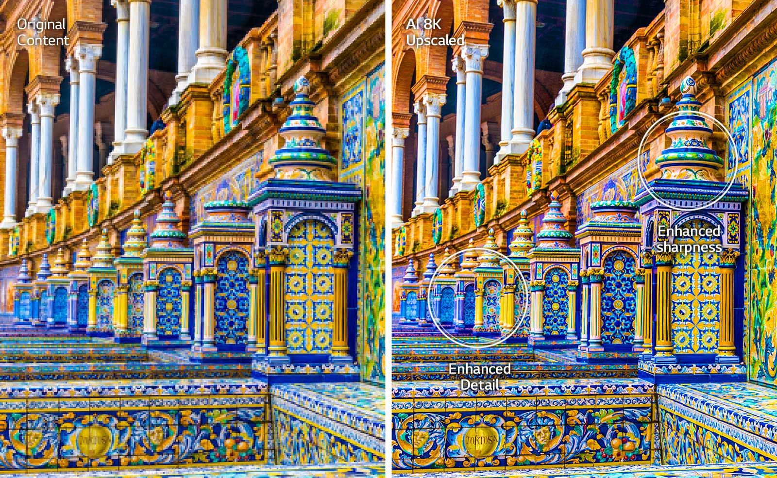 Side-by-side images of a brightly colored mosaiced building. The right shows the original and the right shows the image after AI 8K upscaling with enhanced detail and sharpness.