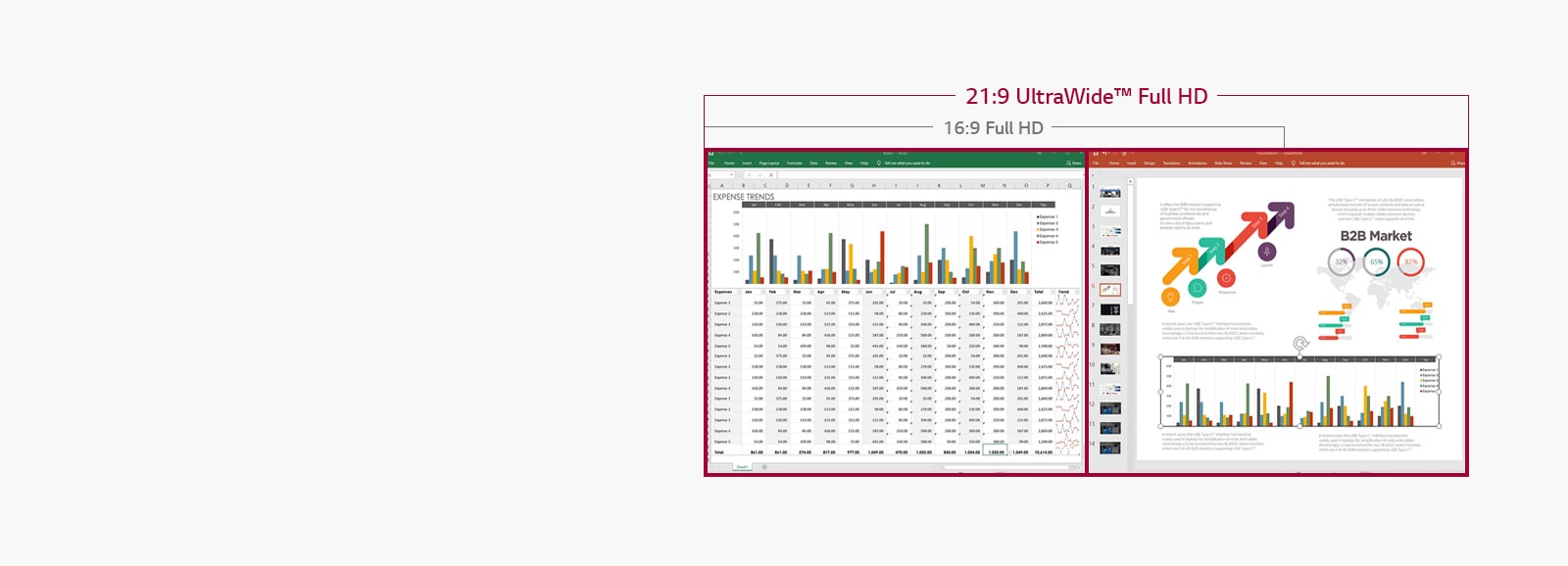 Image of displaying datasheets and slides side by side on the screen of 21:9 UltraWide Full HD, while 16:9 Full HD screen does not allow it due to insufficient space.