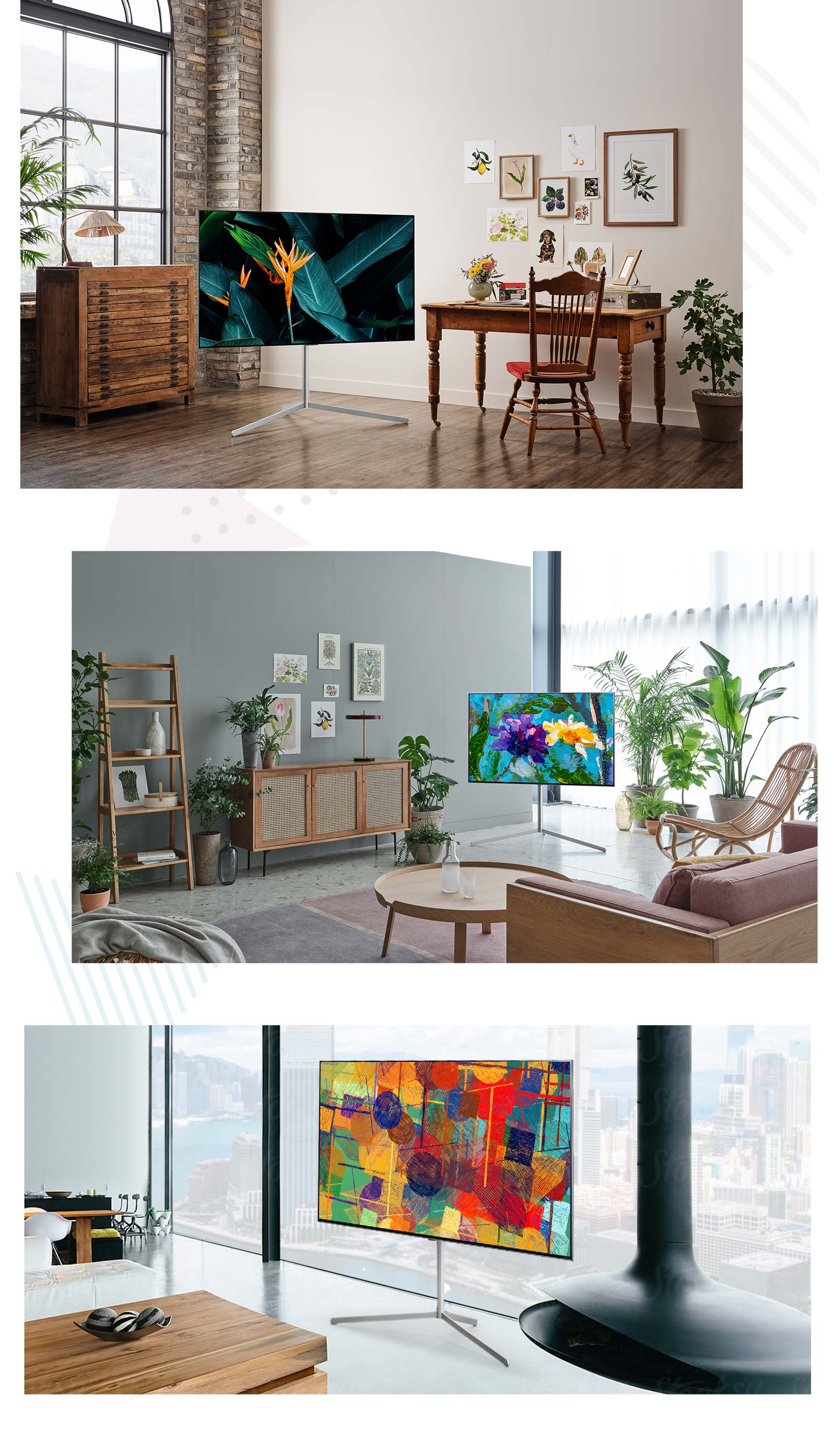 TV stood on the floor with its own stand in a room surrounded by wooden furniture and décor. TV in a modern plant filled interior stood on the floor using its own stand. TV in a modern interior against a window stood on the floor using its own stand.