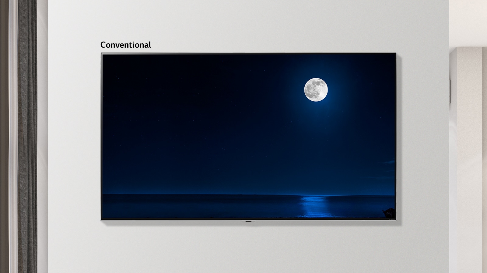 Scrollable image of a wall mounted TV showing a dark scene of a full moon reflecting on water. The scene alternates between a regular size TV and large screen LG NanoCell TV.