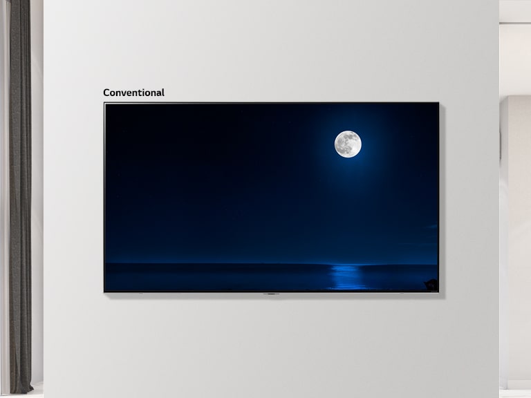 Scrollable image of a wall mounted TV showing a dark scene of a full moon reflecting on water. The scene alternates between a regular size TV and large screen LG NanoCell TV.