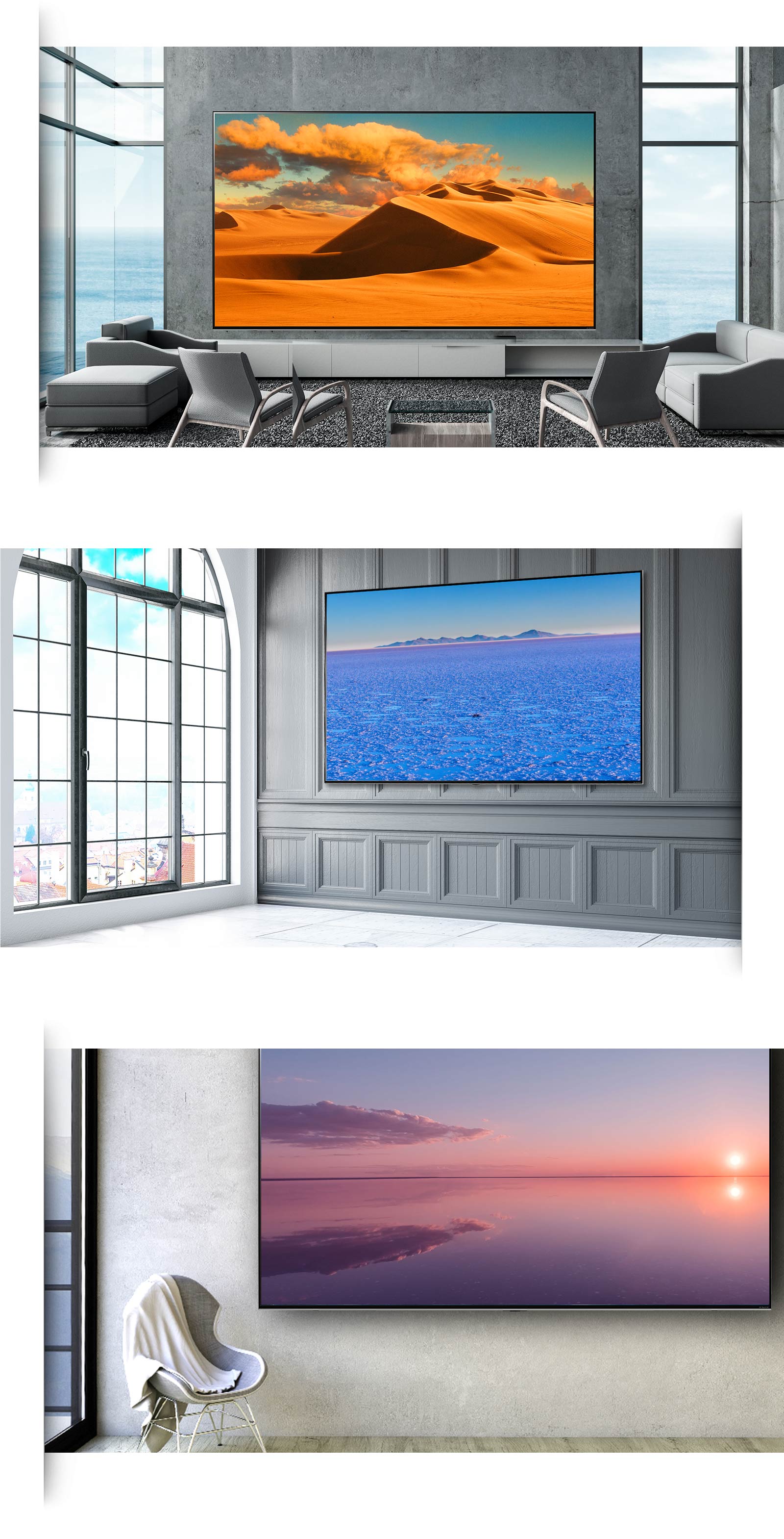 Three images of a large flatscreen TV mounted against the wall in various modern interiors.​