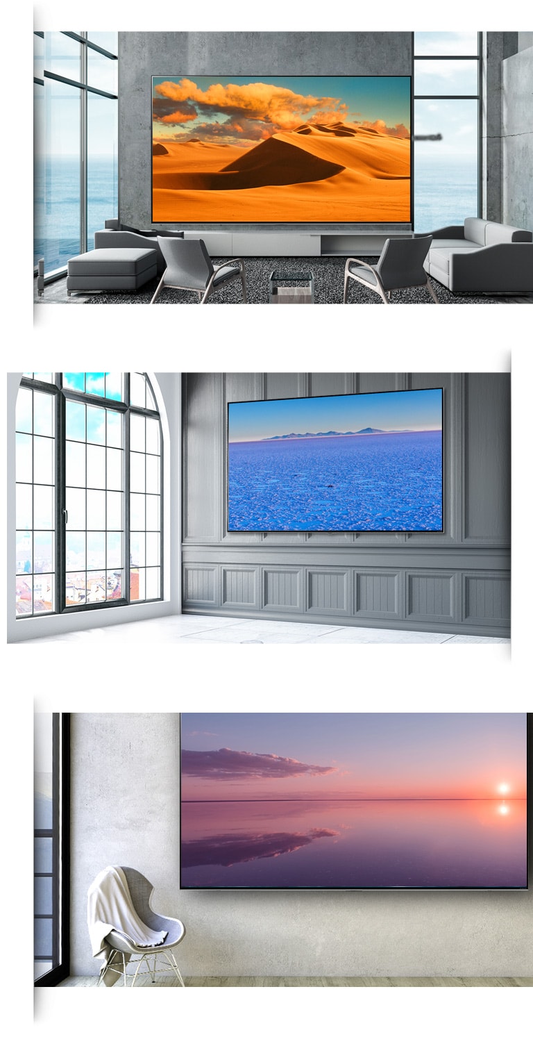 Three images of a large flatscreen TV mounted against the wall in various modern interiors.​