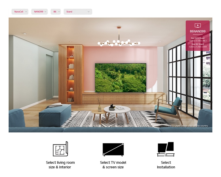 A large flatscreen TV mounted against a pink wall surrounded by natural furnishings. The screen shows a lush forest.