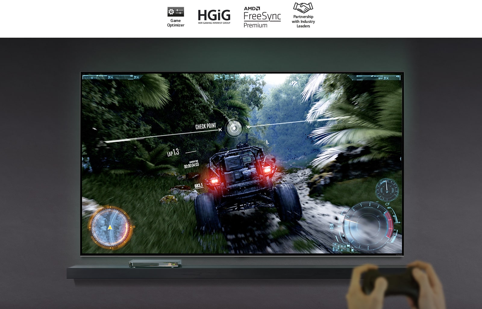 A pair of hands holding a gaming controller in front of a TV. The screen shows a car driving along a dirt track through a forest.