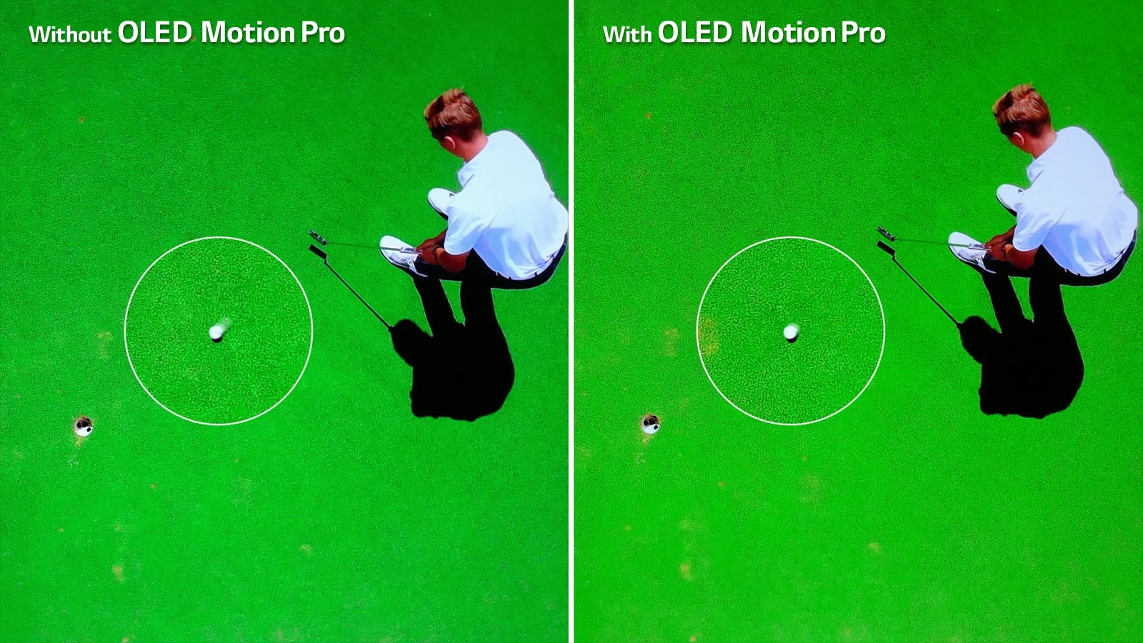 An image of a golf player hitting a golf ball to the hole and a close up of a blurry golf ball is located left with the text of ‘Without OLED Motion Pro’ on the upper left of the image. An image of a golf player hitting a golf ball to the hole and a close up of a clearer golf ball is located right with the text of ‘With OLED Motion Pro’ on the upper left of the image.
