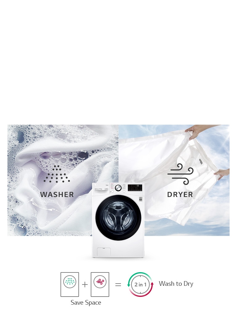 One background image features a white shirt with suds in the wash cycle and the second background images shows the white shirt in the dry cycle. In the foreground is the TopGun2.