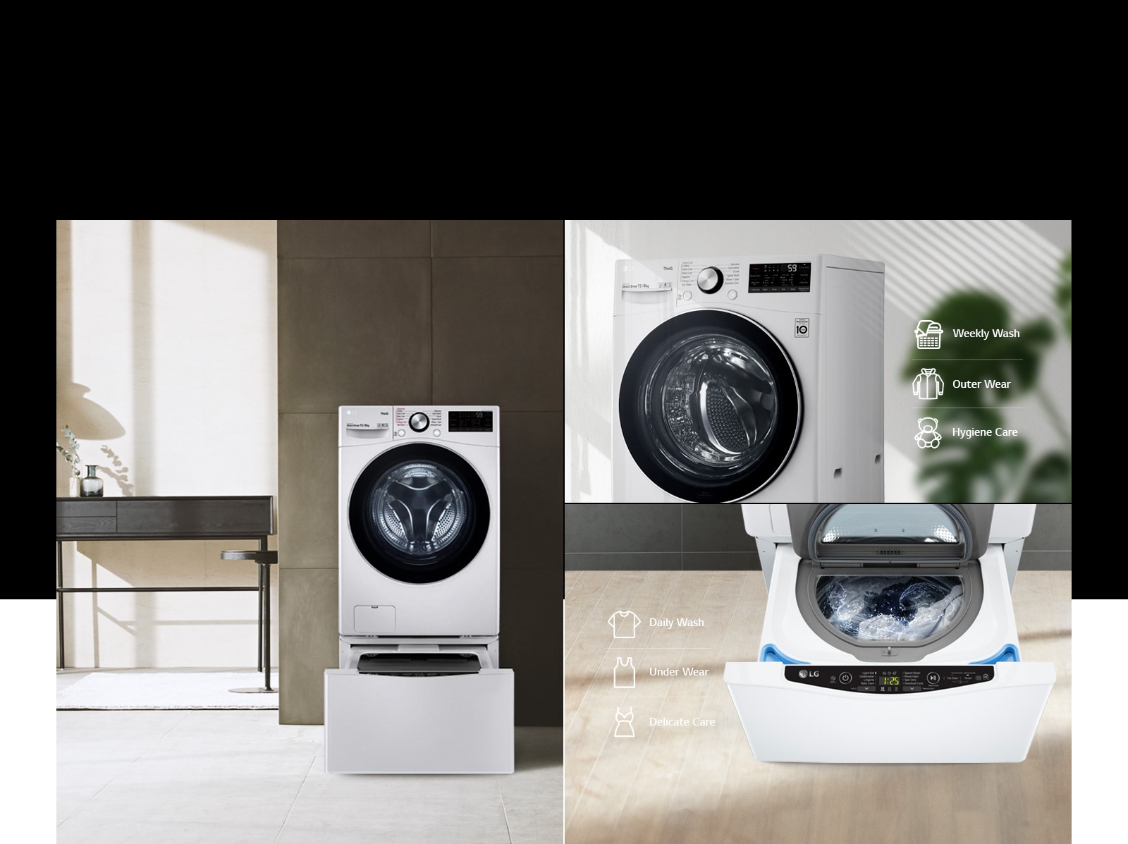 A collage of images showcasing the TWINWash Mini Compatible washer in a modern style home. Images show the front of the washer with door closed and two images show the bottom drawer open.
