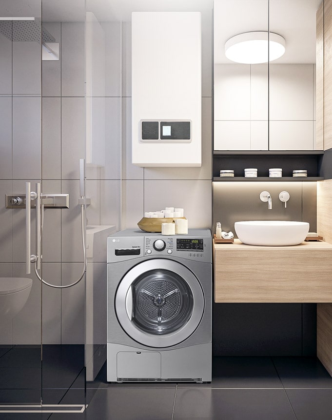 The Condensing Type Dryer is shown in a bathroom, with two side by side in a utility room, with two dryers stacked one on top of the other on a veranda, and with one in a living room closet. 