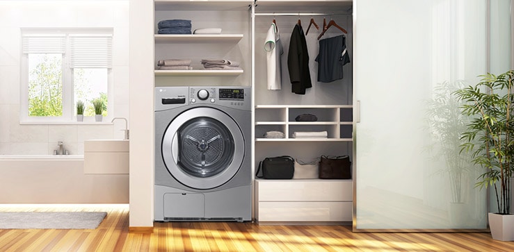 The Condensing Type Dryer is shown in a bathroom, with two side by side in a utility room, with two dryers stacked one on top of the other on a veranda, and with one in a living room closet. 