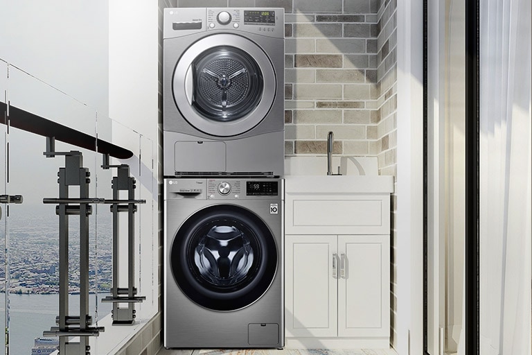 The Condensing Type Dryer is shown in a bathroom, with two side by side in a utility room, with two dryers stacked one on top of the other on a veranda, and with one in a living room closet. 