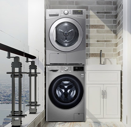 The Condensing Type Dryer is shown in a bathroom, with two side by side in a utility room, with two dryers stacked one on top of the other on a veranda, and with one in a living room closet. 